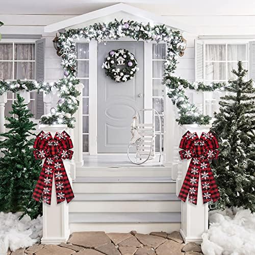 Hying Large Christmas Bow for Wreath, Red Black Buffalo Plaid Bows for Front Door Wall Fence Decor, Snow Wreath Bow Tree Topper for Winter Party Decoration Supplies