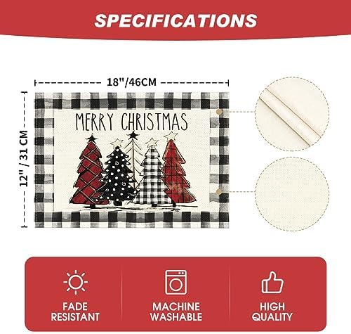 Artoid Mode Waterclor Buffalo Plaid Christmas Trees Placemats Set of 8, 12x18 Inch Winter Table Mats for Outdoor Home Party Kitchen Dining Decor