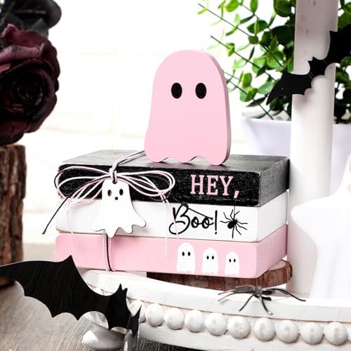 GlikCeil 4 Pcs Halloween Ghost Table Decorations Spooky Wooden Signs,Pink