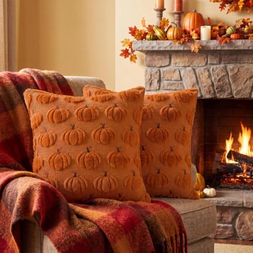Softalker Fall Throw Pillow Covers 18x18 Set of 2 Rust Orange Pumpkin Decor