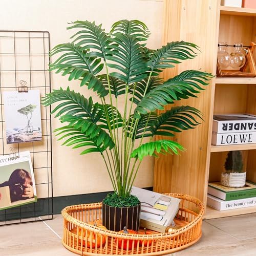 Der Rose 28" Fake Palm Tree in Black Gold Pot for Living Room Decor