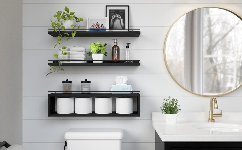 Floating Shelves for Wall 24 inch with Cube Shelf, Wall Shelves with Metal Rail for Decor, Bathroom Organizers and