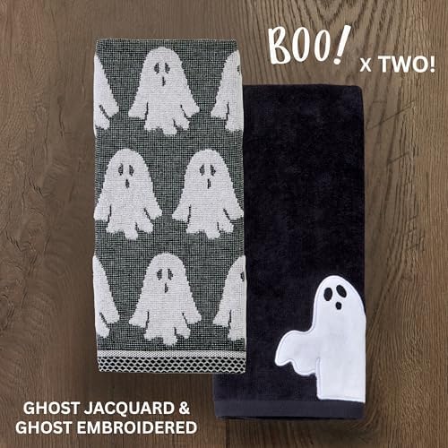 SKL Home Halloween Ghost Hand Towel Set-2pc, 100% Cotton Embroidered, Black