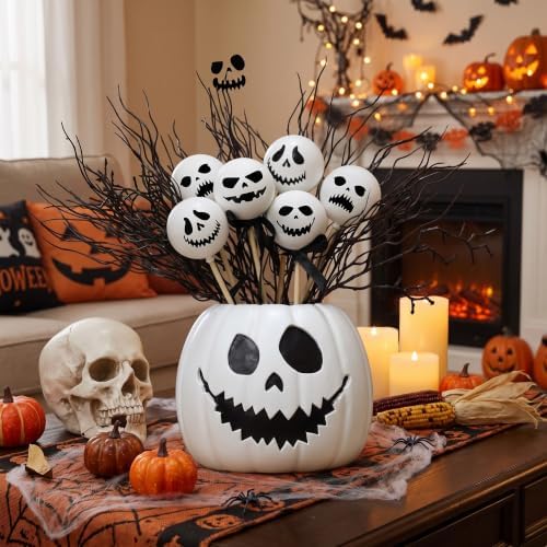 Wiwiqing Halloween Table Centerpieces Decor Resin Pumpkin Vase with Artificial Ghost Skull Face Balls Branch Flower Soil, Retro DIY Spooky Pumpkin Vase for Home Kitchen Indoor Decoration(Scary Face)