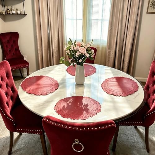 Round Faux Leather Placemats Set of 6, Dining Table Mats, Holly Red