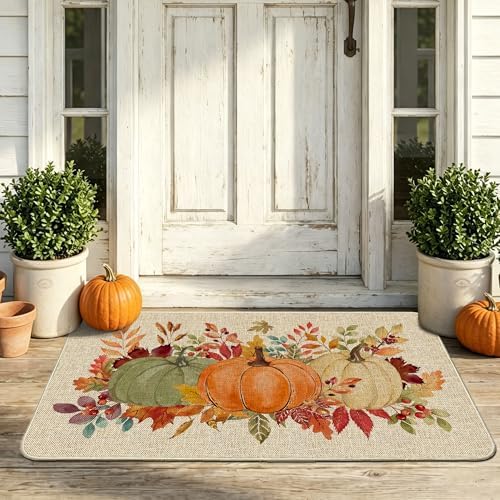 Hexagram Fall Door Mat 17x29 Inch, Orange Pumpkin Fall Doormat