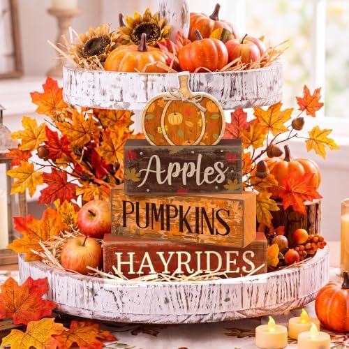 Moucuny 4 Pcs Fall Pumpkin Wooden Block Signs Tabletop Tiered Tray Decor