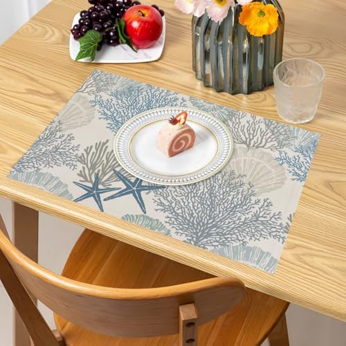 Nautical Coastal Placemats Set of 6 18x12 Inch Summer Beach Themed Linen Place Mats Heat-Resistant Washable Wipeable Seashell Starfish Coral Table Mat for Party Kitchen Dining Room Dinner Table Decor