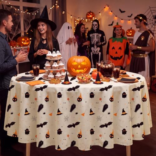 6 Pack Halloween Tablecloth, 84" Round Plastic Bat Ghost Table Cloth Large Size Round Halloween Table Covers for Home Decor Halloween Party Decorations