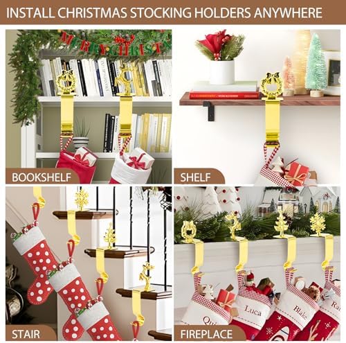 Komotu 4 Pcs Christmas Stocking Holders for Mantle, Upgrade Stable Lightweight Metal Stocking Holder No-Slip Stocking Hangers for Mantle, Mantel Stocking Holders Clip for Xmas Party Decoration (Gold)