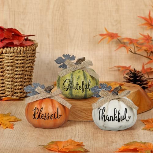 DILATATA Fall Pumpkins Decoration 3Pcs Resin Pumpkins Thanksgiving Fake Pumpkin Figurines Mini Carved Pumpkin for Home Harvest Halloween Thanksgiving Rustic Farmhouse Table Centerpiece Shelf Mantel
