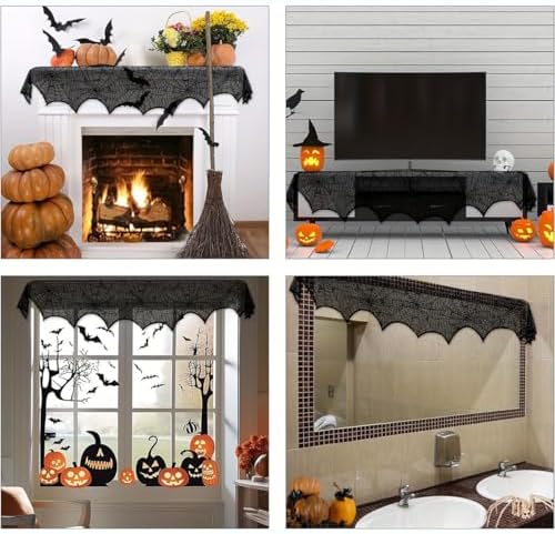 Halloween Spiderweb Decorations - 18inch × 96inch Halloween Mantel Scarf - Black Lace Spiderweb Mantle Scarf for Halloween Home Party Supplies - Halloween Party Decorations