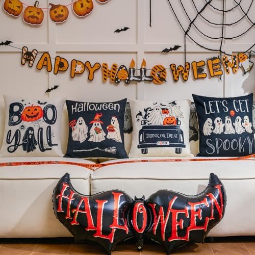 Hongsome Ghost Halloween Decor-Throw Pillow Covers 18x18 in Set of 4,Spooky Gothic Linen Pillow Case for Couch Fall Christmas Holiday Outdoor Burnt Orange Black White Decorations