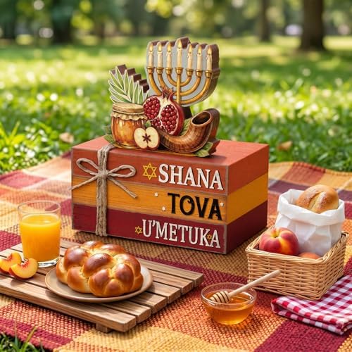 Geelin 4 Pcs Rosh Hashanah Tiered Tray Decor, Jewish New Year Party Decoration, Wooden Book Stack Signs Gifts, Shana Tova Apple and Honey Farmhouse Rustic Table Centerpiece for Shelf Coffee Bar
