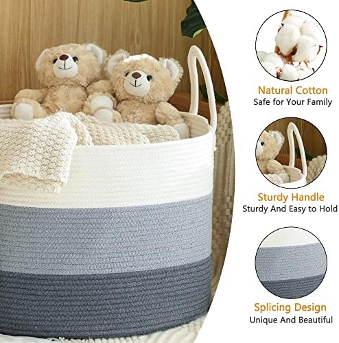 KAKAMAY Large Blanket Basket (20"x13"),Woven Baskets for storage Baby Laundry Hamper,Cotton Rope Blanket Basket for