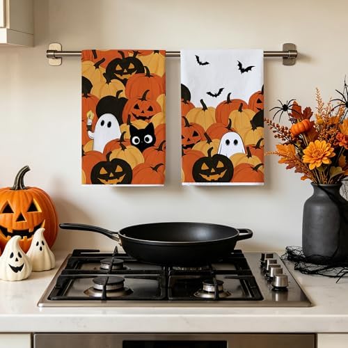 Hexagram Halloween Kitchen Towels, Ghost Cat Halloween Hand Towels