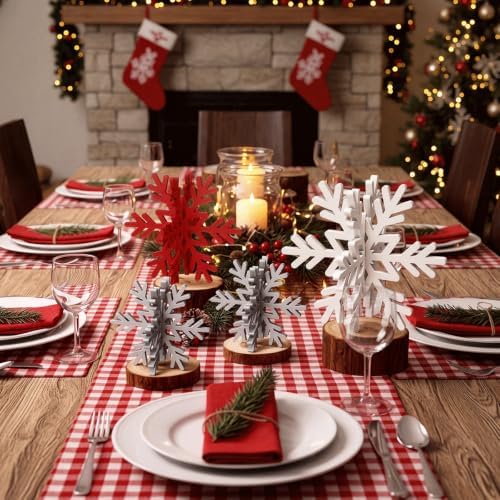 Bucherry 12 Pcs Wooden Snowflakes Table Decor,White, Red, Gray