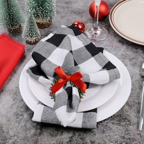 Pine Niddle Wreath Napkin Rings, Christmas Napkin Rings Set of 12 with Red Satin Bow Cloth Napkin Rings for Christmas Table Decoration, Wedding, Thanksgiving, Party, Dinner Table Decor