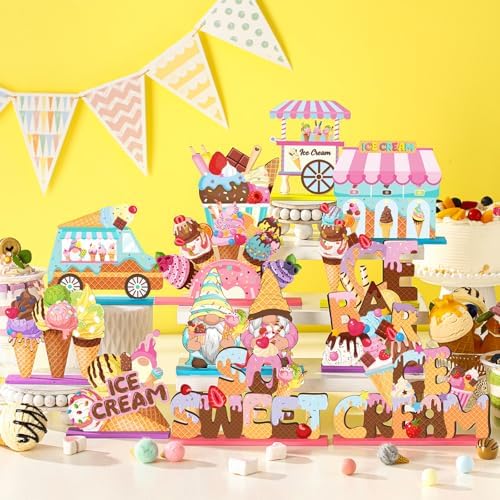 Marsui 12 Pcs Summer Ice Cream Wood Table Decor, Tiered Tray Signs