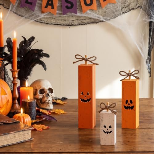 Smile Halloween Wooden Standing Block Decor Orange Jack-O'-Lantern Face