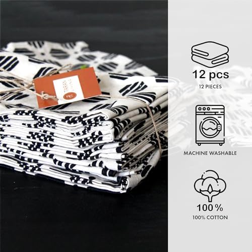 TARAN LIVING Cotton Cloth Napkins Natural Reusable Fall Dinner Napkins Reusable Machine Washable Fabric for Events, Gift, Home Decor - Black & Off White,18x18 Inches - (Pack of 12)