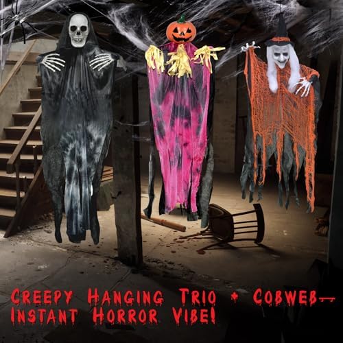 3 Pack Halloween Hanging Skeletons Witch Decorations Outdoor Indoor Decor