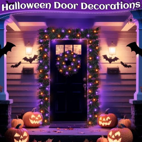 Timer - 2 Pack Halloween Garland with Purple Orange Lights Battery Operated