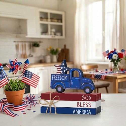 Smile 4pcs Veterans Day Patriotic Memorial Day Indoor Decorations Wooden Decor Table Centerpiece God Bless America Wooden Plaque Ornaments for Home Kitchen