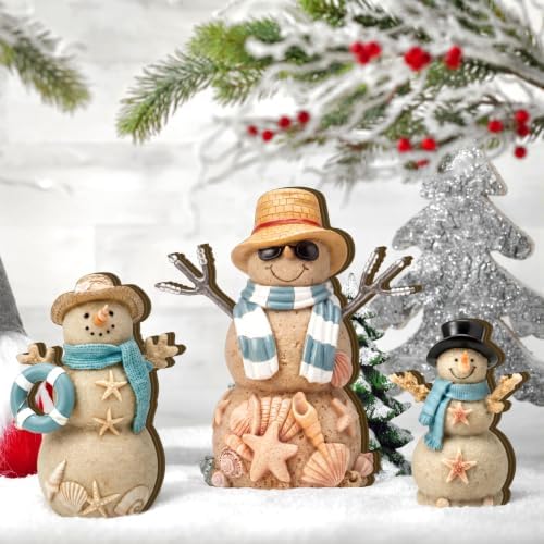 Suzile 3 Pcs Coastal Blue Snowman Wooden Decorations, Winter Decor