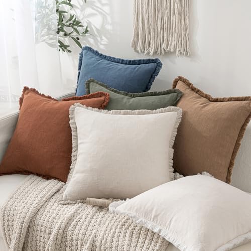 MIULEE Linen Fringe Decorative Lumbar Throw Pillow Covers Blue Ashes 12x20