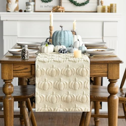 Artoid Mode Beige Soft Faux Fur Pumpkins Fall Table Runner 13x72 Inch