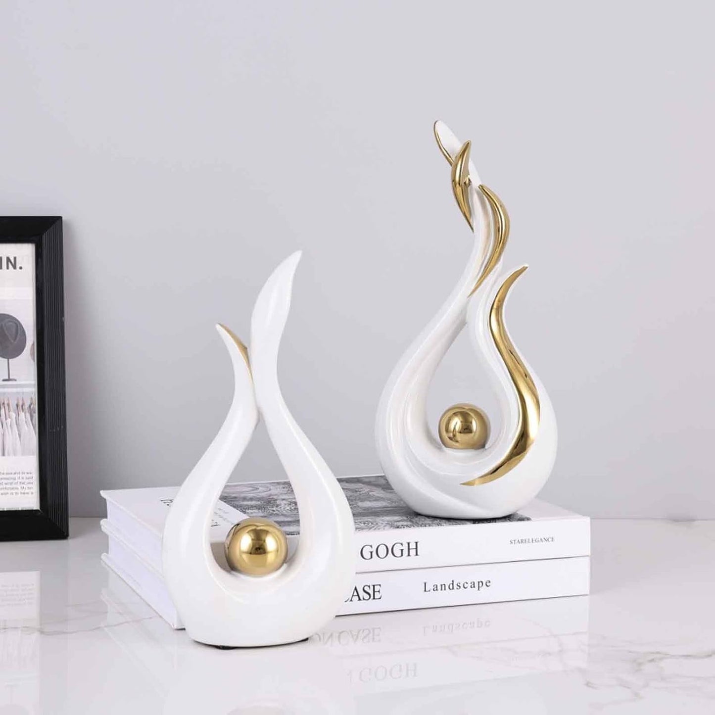 White and Gold Abstract Ceramic Sculptures / White Gold / Set of 2