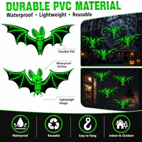 10PCS Glow in The Dark Halloween Bats, Upgraded Luminous PVC Hanging Bat Decorations, Waterproof Spooky Bat Wall Stickers for Indoor Outdoor Yard Porch Tree Window Halloween Decor