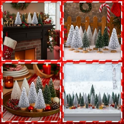 Sumind 48 Pcs 1.78 Inch Mini Bottle Brush Christmas Tree Green Silver White