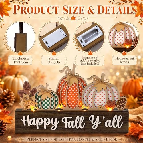 Patelai Fall Pumpkin Decor with LED Lights Orange Pumpkin Table Block Sign Lighted Fall Tiered Tray Decorations Wooden Thanksgiving Table Centerpiece Decor for Farmhouse Harvest Party Home Shelf