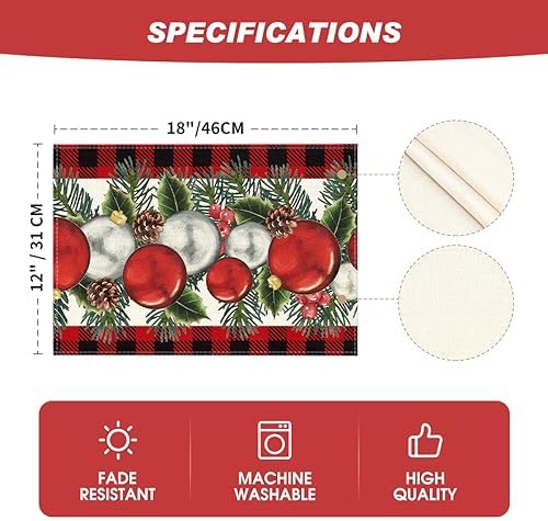 Artoid Mode Red Black Buffalo Plaid Holly Pine Cones Christmas Balls Placemats Set of 4, 12x18 Inch Seasonal Winter Table Mats for Party Kitchen Dining Decoration