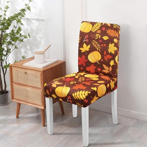 Fall Thanksgiving Chair Covers Set of 6, Pumpkin Maple Leaf Dining Chair Protectors, Elastic Removable Washable Dining Chair Covers, Suitable for Fall Thanksgiving Kitchen Dining Room Holiday Decor