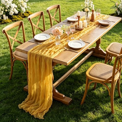 Yellow Cheesecloth Table Runner, 10FT Rustic Gold Boho Gauze Table Runner for Wedding Bridal Shower Baby Shower Birthday Tea Party Decorations