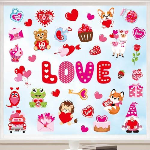Whaline 9 Sheets Valentine's Day Cartoon Window Cling Stickers Red Pink Love Heart Cake Gnome Reusable Window Decals for Wedding Anniversary Party Home Office Classroom Decoration