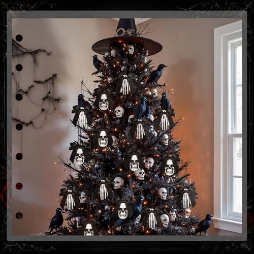 Poen 24 Pcs Halloween Tree Ornament Horror Black Bow Skull Skeleton Decor