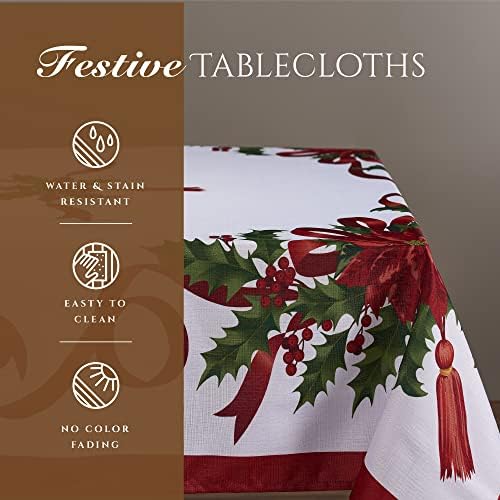 Kadut Christmas Ribbon Tablecloth (60 x 126 Inch) for 8 Foot Rectangle Tables, Heavy Duty Fabric, Stain Proof Xmas Ribbon Table Cloth for Harvest, Holiday, and Fall, & Christmas Dinner.