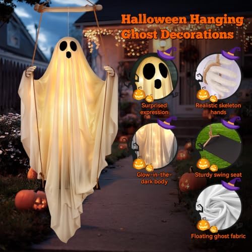 Halloween Decorations Outdoor - 5FT Hanging Swing Ghost with Remote Control