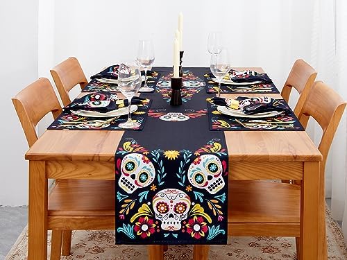 YiHomer Day of The Dead Halloween Tabletop - Dia De Los Muertos Floral Skeleton Mask, Cinco De Mayo Mexican Fiesta Party Home Kitchen Dining Room Decor, Sugar Skull, Napkin Set, 20 x 20