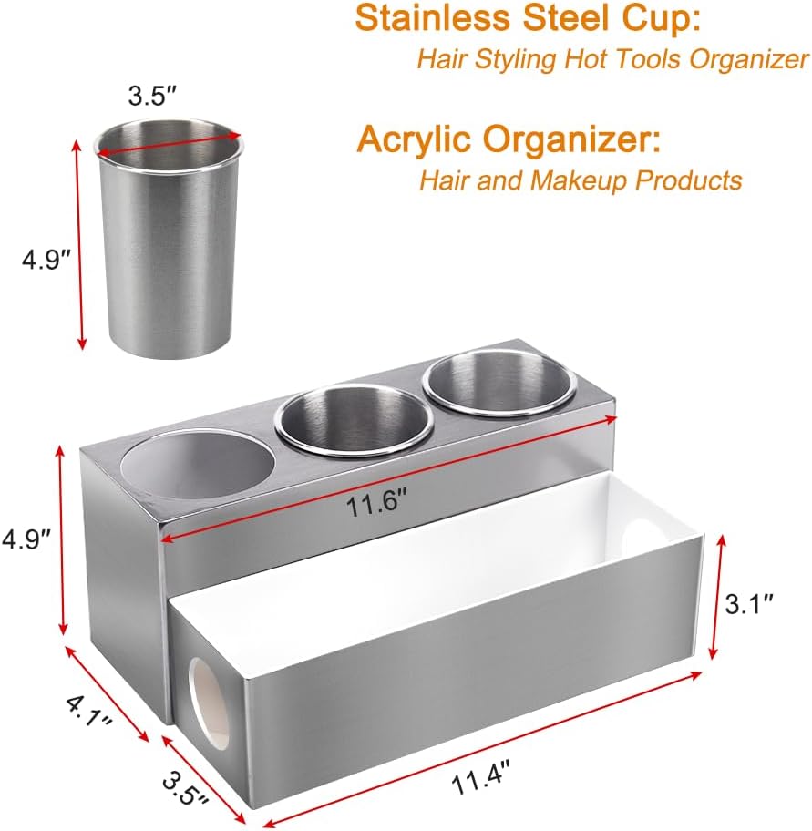 GFWARE Hot Hair Styling Tool Organizer with 3 Stainless Steel Cups, Silver | Bathroom Vanity Organizer Storage, Hair