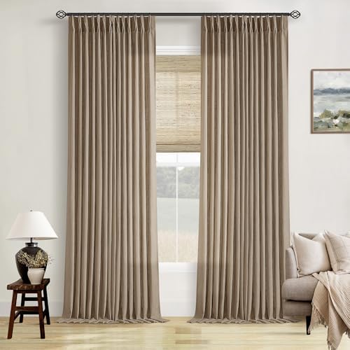Light Filtering Flax Linen Pleat Living Room Curtains Latte 108 Inch Length