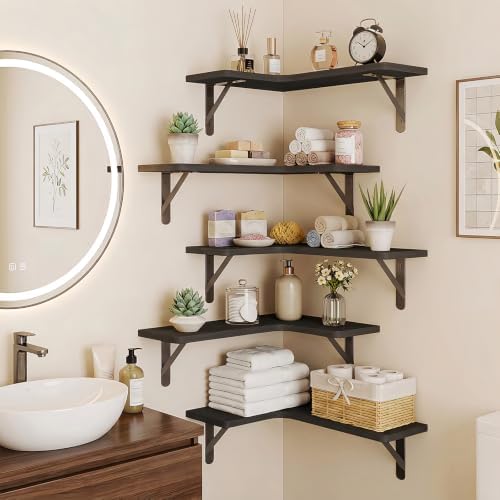 Fixwal Conner Shelves Wall Mounted for Decor, Black Set of 5