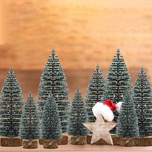 8 PCS Christmas Mini Trees Artificial Sisal Snow Frost Christmas Trees in 3 Size Bottle Brush Xmas Tree with Wooden Base Mini Xmas Pine Tree for Winter Holiday Party Home Table Crafts Decoration