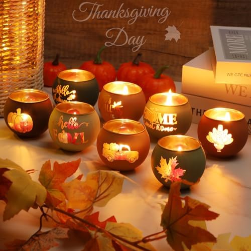 8 Pack Fall Votive Candle Holders, Glass Tealight Holders, 8 Patterns