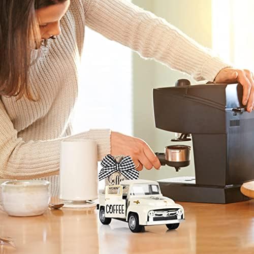 Hooqict Coffee Bar Decor Mini Metal White Truck with Beans Burlap Sack for Home Farmhouse Kitchen Tiered Tray Decor Coffee Bar Accessories Coffee Station Decorations