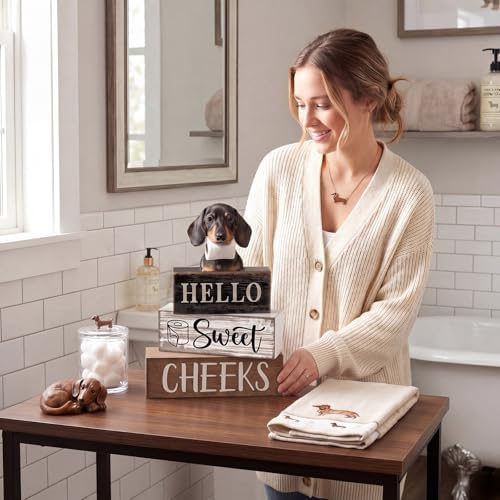Moucuny 4 Pcs Farmhouse Dachshund Bathroom Decor, Hello Sweet Cheeks, Wood